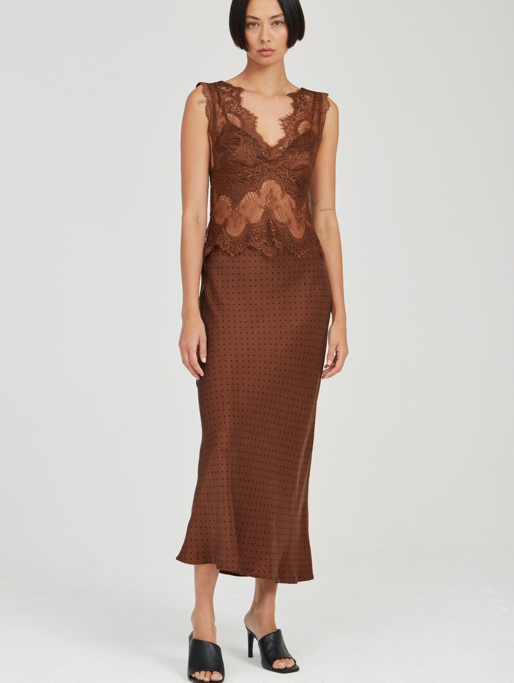 Third Form VISIONS LACE DEEP V MAXI DRESS | CHOCOLATE POLKA DOT